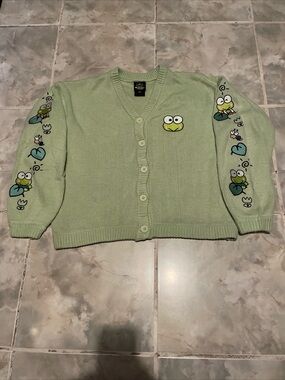 Hot Topic Green Sanrio Keroppi Embroidered Button Up Sweater SZ S 90s Anime